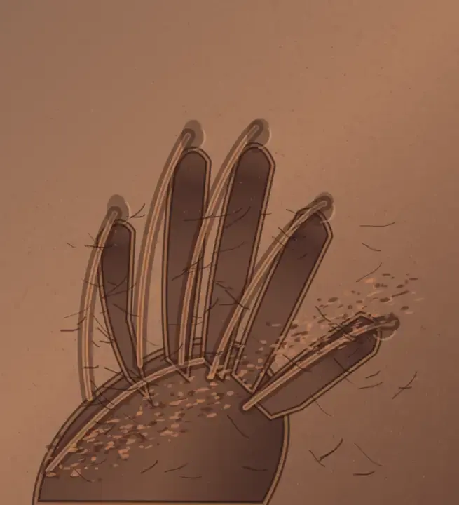 Pressure Memory: cumulative painting state 4 of 4; A cropped hand impression rises from clay through compressed troughs, raised rims, cracks, and displaced crumbs.