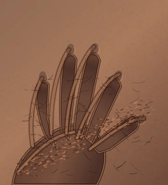 A cropped hand impression rises from clay through compressed troughs, raised rims, cracks, and displaced crumbs.