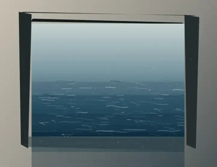 The Sill Takes Water: cumulative painting state 4 of 4; A dark-framed window admits a layered sea across its lower sill, where translucent pooling becomes runoff.