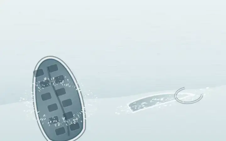 Refusal on the Crust: cumulative painting state 3 of 4; One deep sole occupies the left snowfield while an incomplete heel skid, fractures, and lateral spray mark a refused second contact.