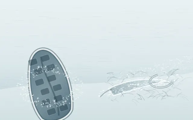 One deep sole occupies the left snowfield while an incomplete heel skid, fractures, and lateral spray mark a refused second contact.
