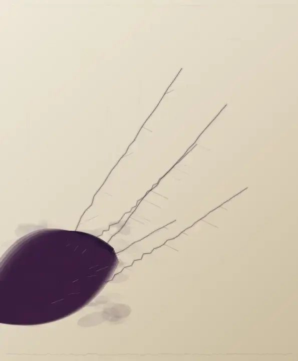 Three Routes Through Dry Fiber: cumulative painting state 3 of 4; A purple ink reservoir at the lower-left sends three interrupted migration routes through a tall dry sheet.