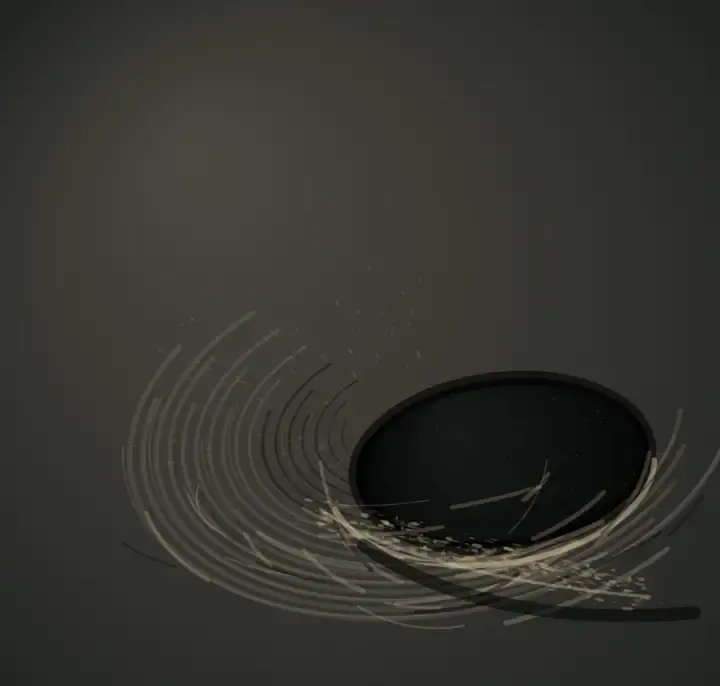 The Weight the Hollow Learns: cumulative painting state 4 of 4; Broken compression arcs gather around a low-right matte load, squeezing a pale seam across a dark receiving ground.