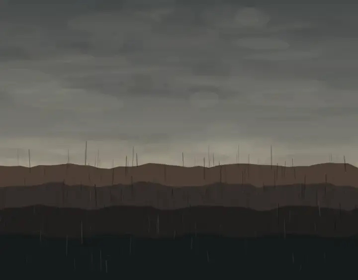 After Rain Enters Char: cumulative painting state 2 of 4; Slanted rain penetrates stacked char strata, making pools and blue-green shoots visible in the saturated lower field.