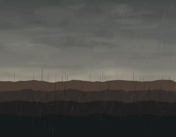 After Rain Enters Char: cumulative painting state 3 of 4; Slanted rain penetrates stacked char strata, making pools and blue-green shoots visible in the saturated lower field.