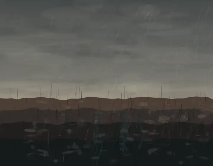 After Rain Enters Char: cumulative painting state 4 of 4; Slanted rain penetrates stacked char strata, making pools and blue-green shoots visible in the saturated lower field.