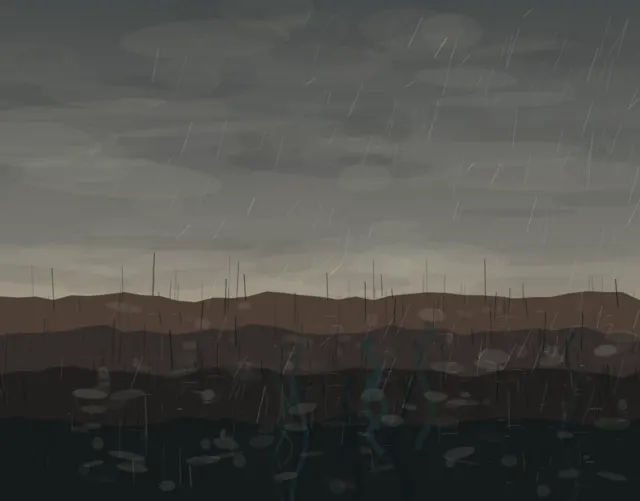 Slanted rain penetrates stacked char strata, making pools and blue-green shoots visible in the saturated lower field.