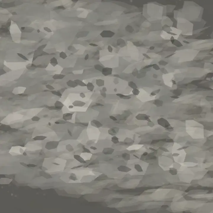 Growth Under the Ash Load: cumulative painting state 3 of 4; Pale ash polygons bury sparse green and pink growth marks that remain visible in the lower-right half.