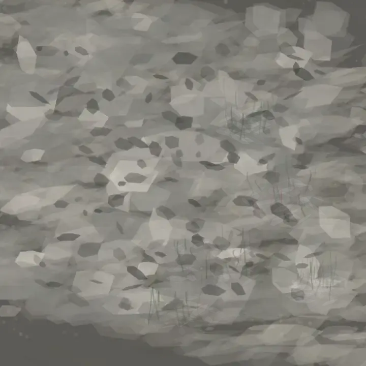 Growth Under the Ash Load: cumulative painting state 4 of 4; Pale ash polygons bury sparse green and pink growth marks that remain visible in the lower-right half.