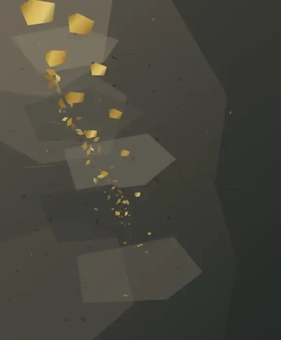 Leaf Falling Through Plaster: cumulative painting state 3 of 4; Gold leaf descends from large fragments into buried grains through a tall, rough dark plaster support.