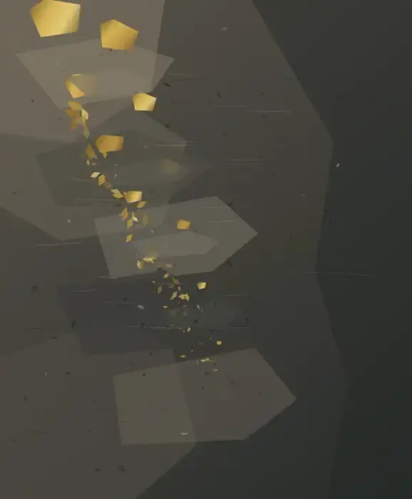 Leaf Falling Through Plaster: cumulative painting state 4 of 4; Gold leaf descends from large fragments into buried grains through a tall, rough dark plaster support.
