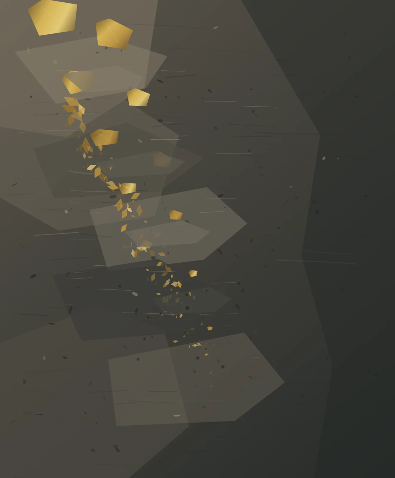 Gold leaf descends from large fragments into buried grains through a tall, rough dark plaster support.
