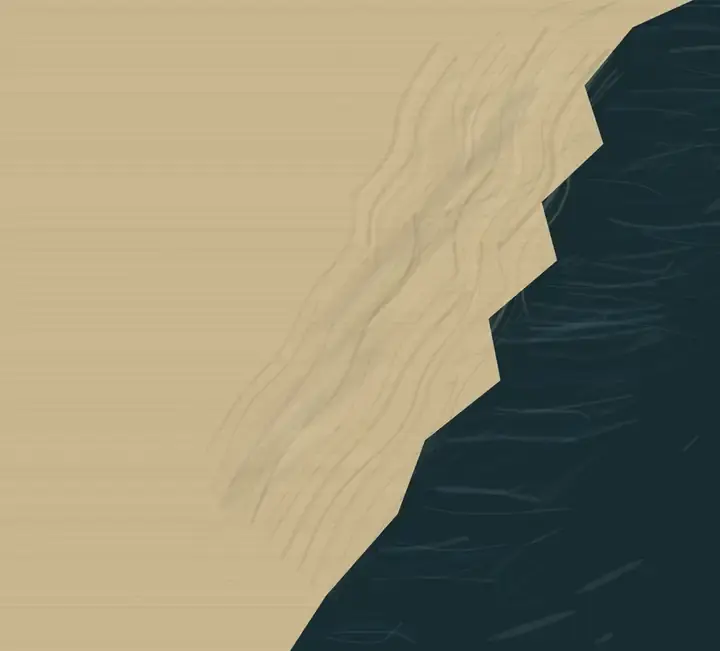 Lunar Pressure Line: cumulative painting state 3 of 4; A stepped dark sea presses into a sand field along a pale, fragment-laden tidal pressure line.