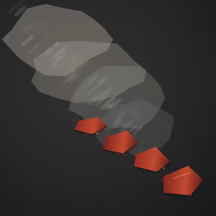 What the Ground Leaves Stranded: cumulative painting state 4 of 4; Four red deposits remain below a receding chain of gray absorption bodies and scratch clouds.