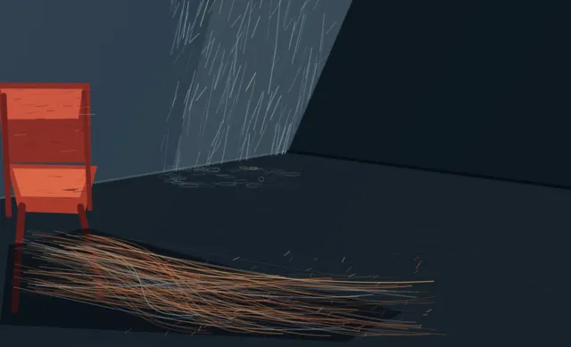 A red chair anchors a dark room where angled rain pools and a copper-gray drag field sweeps across the floor.