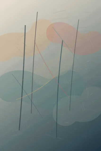 A tall grey-paper atmosphere is crossed by a handful of dark graphite uprights. Muted saffron and rose deposits drift through the upper half, while turquoise haze and thin ochre/coral contacts sink toward a deep blue-grey lower edge; flecks and short structural traces sit inside the haze.