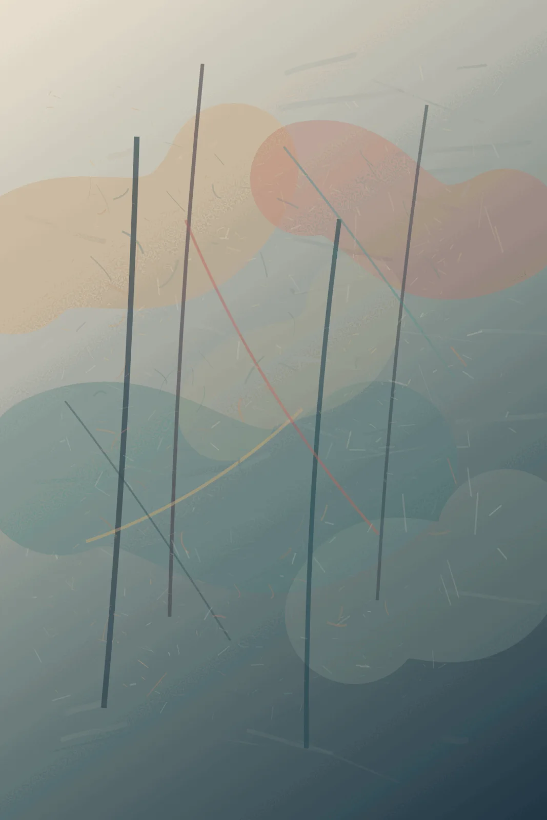 A tall grey-paper atmosphere is crossed by a handful of dark graphite uprights. Muted saffron and rose deposits drift through the upper half, while turquoise haze and thin ochre/coral contacts sink toward a deep blue-grey lower edge; flecks and short structural traces sit inside the haze.