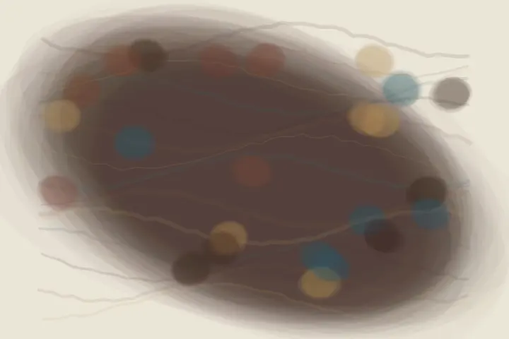 Every Departure Leaves Warmth: cumulative painting state 3 of 4; Every Departure Leaves Warmth translates departure-memory strata into a local relational field.