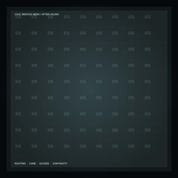 Civic Service Mesh: cumulative painting state 2 of 4; A full-original 2048 × 2048 deterministic offline composition titled “Civic Service Mesh”; see the preserved native review and provenance paths for work-specific visual and process evidence.