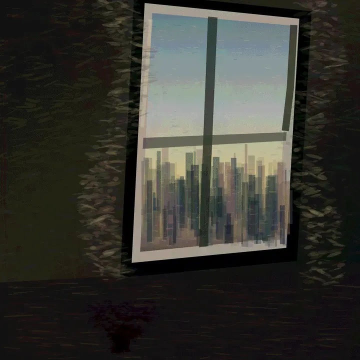 Psalm for a Demolished Window: cumulative painting state 2 of 4; Psalm for a Demolished Window is a completed original from SOL-ULTRA-SALON-B-01. Sealed jury decision: reject. A glowing framed sheet, mullion, skyline bars, and nested border hard-fail as UI/card/panel despite credible abrasion.