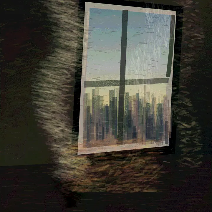 Psalm for a Demolished Window: cumulative painting state 3 of 4; Psalm for a Demolished Window is a completed original from SOL-ULTRA-SALON-B-01. Sealed jury decision: reject. A glowing framed sheet, mullion, skyline bars, and nested border hard-fail as UI/card/panel despite credible abrasion.