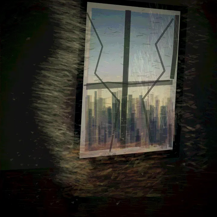 Psalm for a Demolished Window: cumulative painting state 4 of 4; Psalm for a Demolished Window is a completed original from SOL-ULTRA-SALON-B-01. Sealed jury decision: reject. A glowing framed sheet, mullion, skyline bars, and nested border hard-fail as UI/card/panel despite credible abrasion.