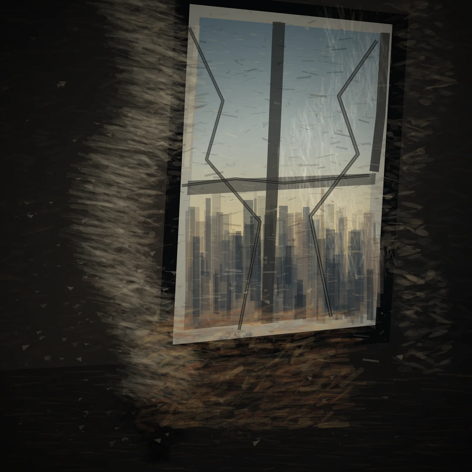 Psalm for a Demolished Window is a completed original from SOL-ULTRA-SALON-B-01. Sealed jury decision: reject. A glowing framed sheet, mullion, skyline bars, and nested border hard-fail as UI/card/panel despite credible abrasion.
