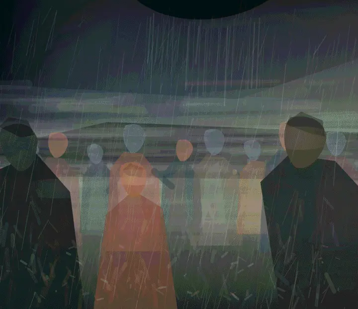 The Crowd Is Made of Weather: cumulative painting state 4 of 4; The Crowd Is Made of Weather is a completed original from SOL-ULTRA-SALON-B-01. Sealed jury decision: hold. The umbrella crop and weather pressure are credible; planar repeated bodies and horizontal fog bands keep the scene in atmospheric illustration.