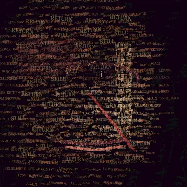Face as a Litany of Returns: cumulative painting state 3 of 4; Face as a Litany of Returns is a completed original from SOL-ULTRA-SALON-B-01. Sealed jury decision: reject. Lexical flooding is uniform across figure and ground; the bridge becomes a text curtain and the face depends on wallpaper-like word scatter.
