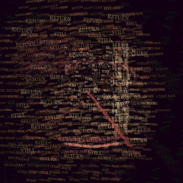 Face as a Litany of Returns: cumulative painting state 4 of 4; Face as a Litany of Returns is a completed original from SOL-ULTRA-SALON-B-01. Sealed jury decision: reject. Lexical flooding is uniform across figure and ground; the bridge becomes a text curtain and the face depends on wallpaper-like word scatter.