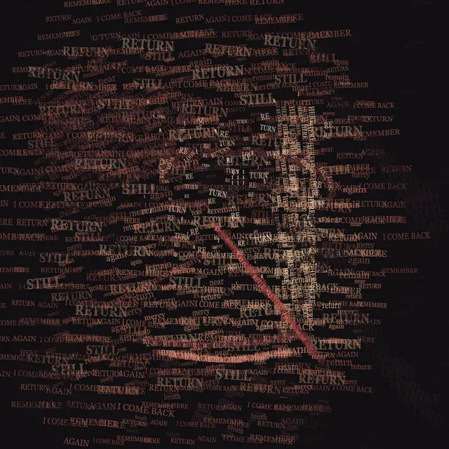 Face as a Litany of Returns is a completed original from SOL-ULTRA-SALON-B-01. Sealed jury decision: reject. Lexical flooding is uniform across figure and ground; the bridge becomes a text curtain and the face depends on wallpaper-like word scatter.