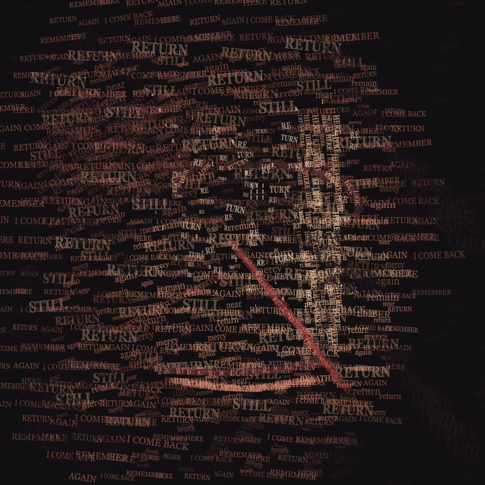 Face as a Litany of Returns is a completed original from SOL-ULTRA-SALON-B-01. Sealed jury decision: reject. Lexical flooding is uniform across figure and ground; the bridge becomes a text curtain and the face depends on wallpaper-like word scatter.