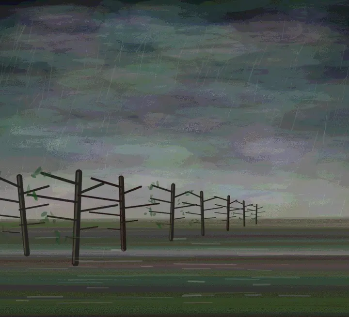 Prime Orchard after Lightning: cumulative painting state 2 of 4; Prime Orchard after Lightning is a completed original from SOL-ULTRA-SALON-B-01. Sealed jury decision: hold. Strong storm recession and asymmetric crop, but lightning, fence bars, capsule clouds, rain, and foliage remain generic software tokens.