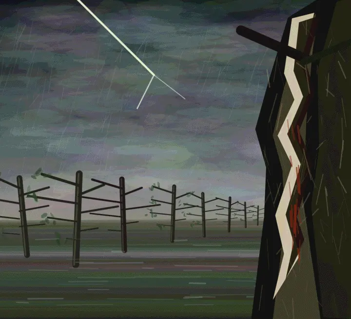 Prime Orchard after Lightning: cumulative painting state 3 of 4; Prime Orchard after Lightning is a completed original from SOL-ULTRA-SALON-B-01. Sealed jury decision: hold. Strong storm recession and asymmetric crop, but lightning, fence bars, capsule clouds, rain, and foliage remain generic software tokens.