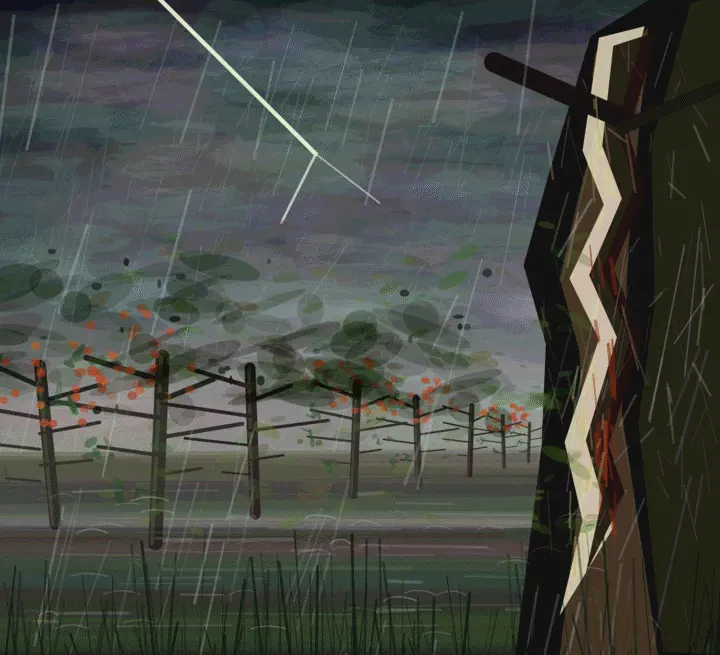 Prime Orchard after Lightning: cumulative painting state 4 of 4; Prime Orchard after Lightning is a completed original from SOL-ULTRA-SALON-B-01. Sealed jury decision: hold. Strong storm recession and asymmetric crop, but lightning, fence bars, capsule clouds, rain, and foliage remain generic software tokens.