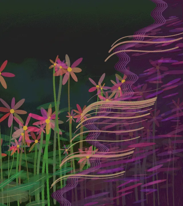 Vacuum Decay Garden: cumulative painting state 3 of 4; Vacuum Decay Garden is a completed original from SOL-ULTRA-SALON-B-01. Sealed jury decision: reject. Literal flowers plus a purple ribbon/portal read as decorative fantasy illustration and wallpaper, with no difficult spatial consequence.