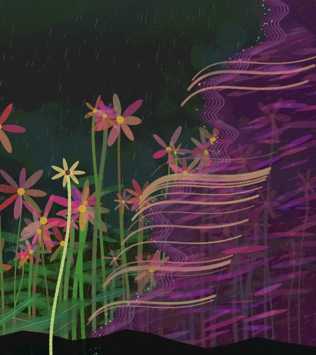 Vacuum Decay Garden: cumulative painting state 4 of 4; Vacuum Decay Garden is a completed original from SOL-ULTRA-SALON-B-01. Sealed jury decision: reject. Literal flowers plus a purple ribbon/portal read as decorative fantasy illustration and wallpaper, with no difficult spatial consequence.
