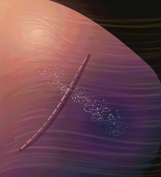 Skin That Remembers the Tide: cumulative painting state 3 of 4; Skin That Remembers the Tide is a completed original from SOL-ULTRA-SALON-B-01. Sealed jury decision: reject. Curved seam, droplets, and repeated stitch-like marks resolve as a decorative biological surface study rather than an autonomous large-format painting.