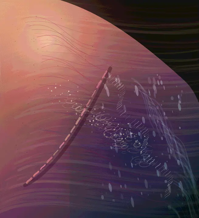 Skin That Remembers the Tide: cumulative painting state 4 of 4; Skin That Remembers the Tide is a completed original from SOL-ULTRA-SALON-B-01. Sealed jury decision: reject. Curved seam, droplets, and repeated stitch-like marks resolve as a decorative biological surface study rather than an autonomous large-format painting.