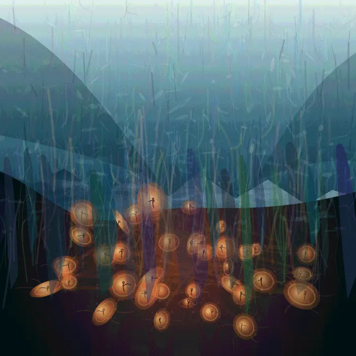 Warmth Under Ice City: cumulative painting state 4 of 5; Warmth Under Ice City is a completed original from SOL-ULTRA-SALON-B-01. Sealed jury decision: hold. The submerged crowd/orchard has human density and a useful cold/warm collision, but glowing pods and enclosing blue architecture remain literal and illustrative.