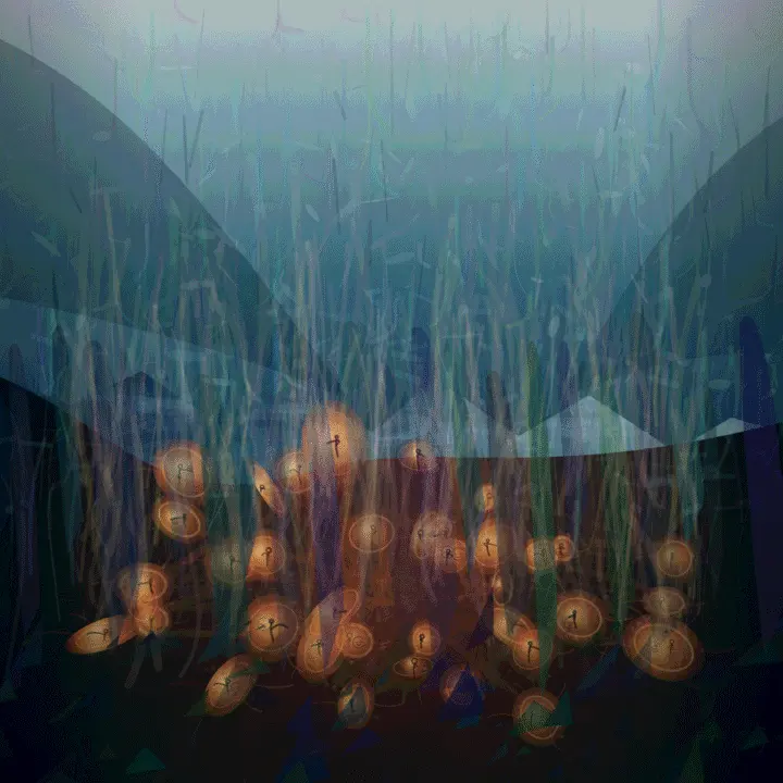 Warmth Under Ice City: cumulative painting state 5 of 5; Warmth Under Ice City is a completed original from SOL-ULTRA-SALON-B-01. Sealed jury decision: hold. The submerged crowd/orchard has human density and a useful cold/warm collision, but glowing pods and enclosing blue architecture remain literal and illustrative.