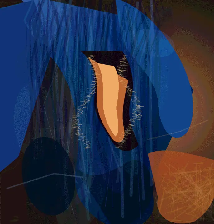 Gravity Keeps the Blue Cloth: cumulative painting state 5 of 5; Gravity Keeps the Blue Cloth is a completed original from SOL-ULTRA-SALON-B-01. Sealed jury decision: reject. Large blue loop and orange aperture become a centered logo-like mask; scratches and drips furnish an already complete emblem.