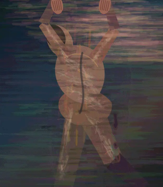 Human Figure Carrying Dawn: cumulative painting state 5 of 5; Human Figure Carrying Dawn is a completed original from SOL-ULTRA-SALON-B-01. Sealed jury decision: reject. Suspended anatomical figure reads as a diagram/calligram; the repeated body marks do not overcome the centered illustrative silhouette.
