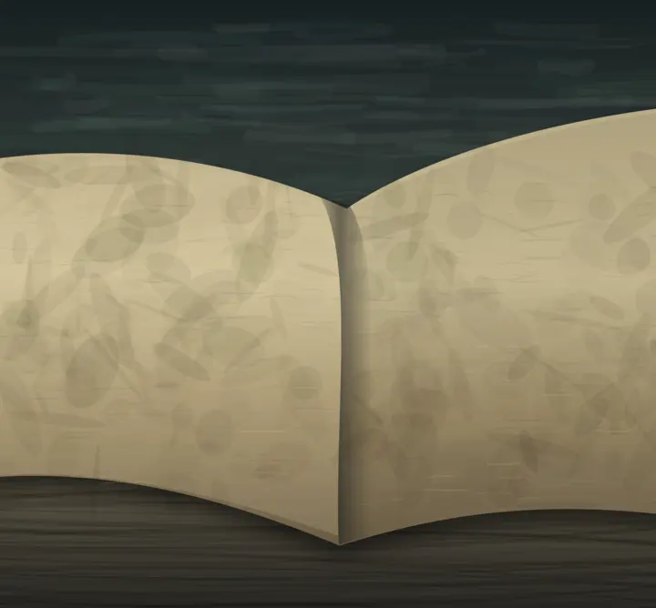 The Book of Salt: cumulative painting state 2 of 4; The Book of Salt is a completed original from SOL-ULTRA-SALON-B-01. Sealed jury decision: reject. Open-book silhouette, center gutter, page fields, and particulate notation read as a designed symbol or spread rather than material event.