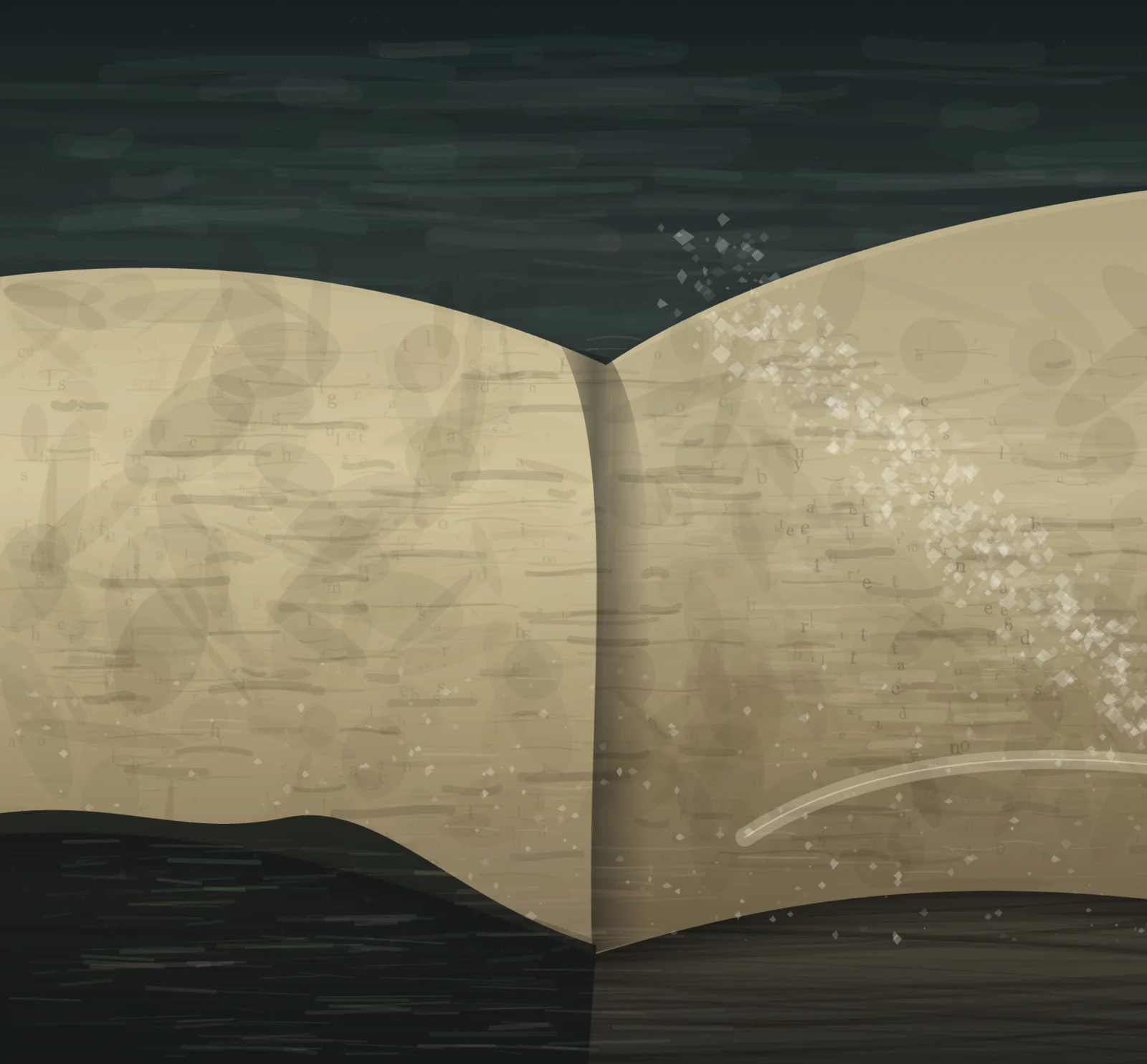 The Book of Salt is a completed original from SOL-ULTRA-SALON-B-01. Sealed jury decision: reject. Open-book silhouette, center gutter, page fields, and particulate notation read as a designed symbol or spread rather than material event.