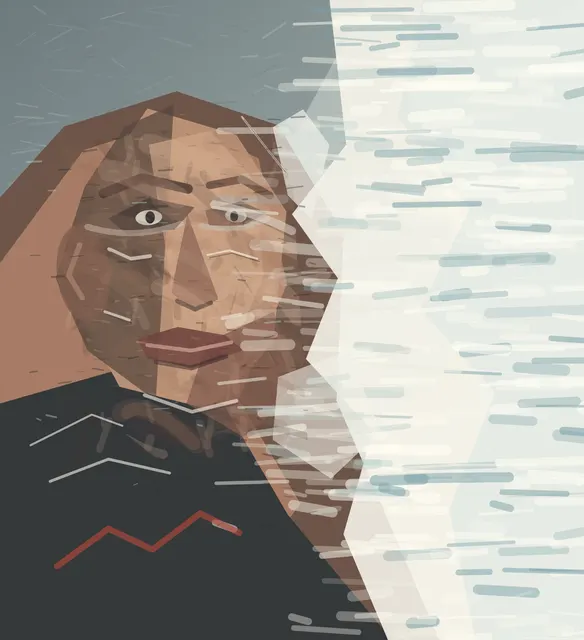 Witness at the Edge of Snow is a completed original from SOL-ULTRA-SALON-B-01. Sealed jury decision: hold. Memorable bisected witness and real exposure pressure, but polygon portraiture, outlined eyes, capsule strokes, and split-screen whiteness remain conspicuously illustrative.