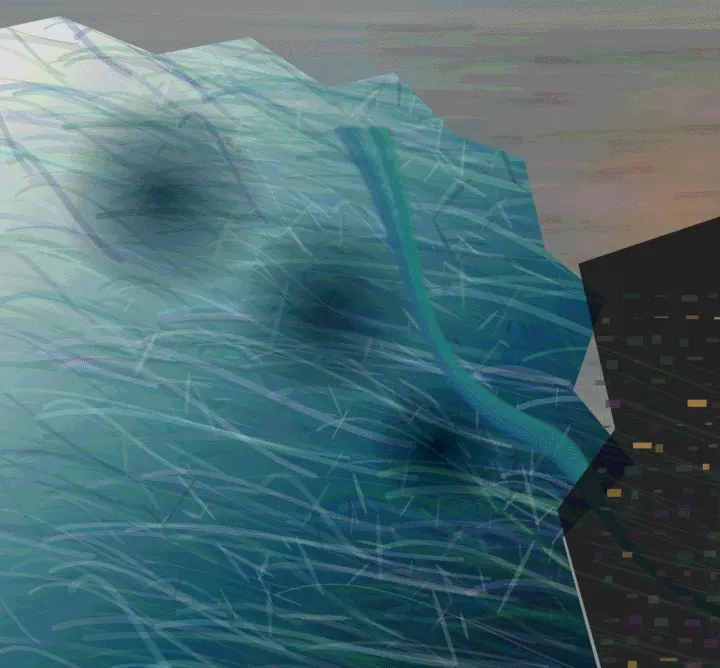The Last Kilometer of Blue: cumulative painting state 3 of 4; The Last Kilometer of Blue is a completed original from SOL-ULTRA-SALON-B-01. Sealed jury decision: keep. Best scale argument in the salon: immense ice, minute procession, and hard city collision. Keep despite procedural ice strokes, stick figures, and schematic architecture.