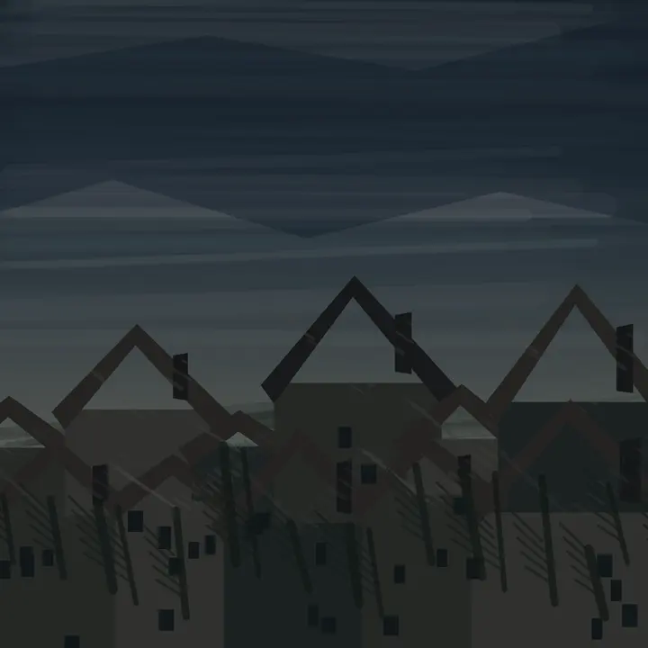 Prime Rain over Houses: cumulative painting state 2 of 5; Prime Rain over Houses is a completed original from SOL-ULTRA-SALON-B-01. Sealed jury decision: hold. Severe weather and inhabited amber panes work, but geometric roofs, uniform rain, and cinematic glow keep it below the accepted floor.