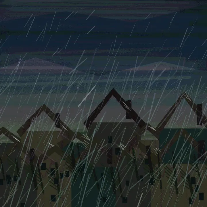 Prime Rain over Houses: cumulative painting state 3 of 5; Prime Rain over Houses is a completed original from SOL-ULTRA-SALON-B-01. Sealed jury decision: hold. Severe weather and inhabited amber panes work, but geometric roofs, uniform rain, and cinematic glow keep it below the accepted floor.