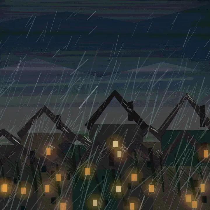 Prime Rain over Houses: cumulative painting state 4 of 5; Prime Rain over Houses is a completed original from SOL-ULTRA-SALON-B-01. Sealed jury decision: hold. Severe weather and inhabited amber panes work, but geometric roofs, uniform rain, and cinematic glow keep it below the accepted floor.